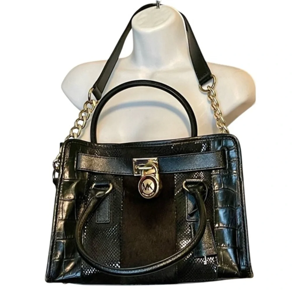 ❣️$398 ❣️ Michael Kors Black Calf Hair Croc Leather Shoulder Bag Purse
